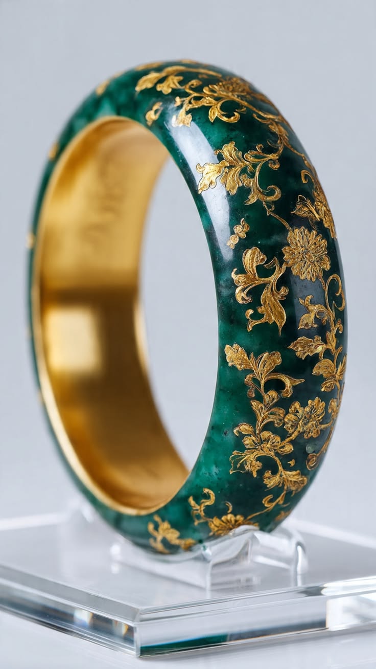 Emerald-green jade bracelet with gold-painted designs