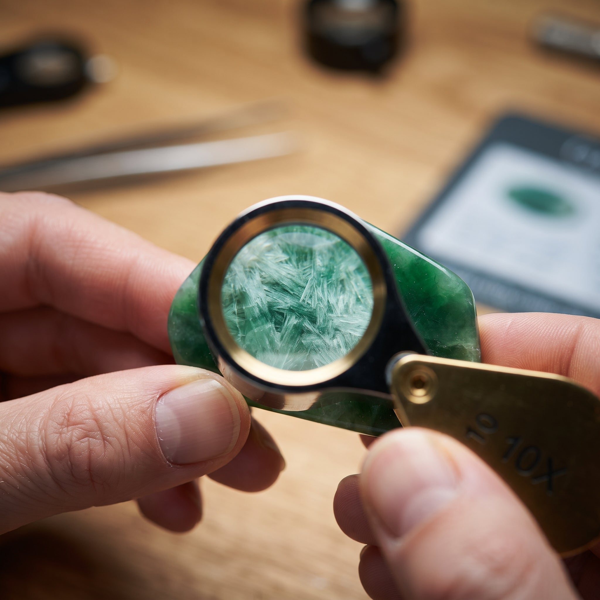 Checking genuine jade with a magnifying glass