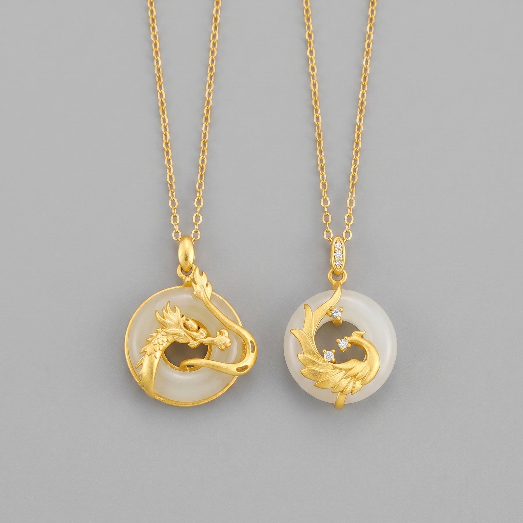 Duet — Light Green Jade Dragon and Phoenix Pendant Necklace