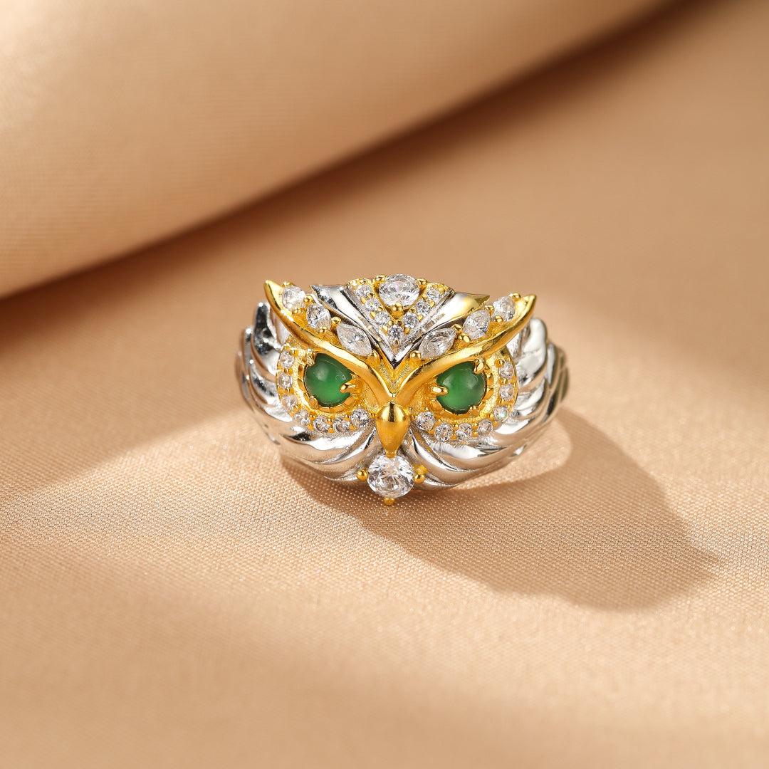 Jade Owl Ring, Silver