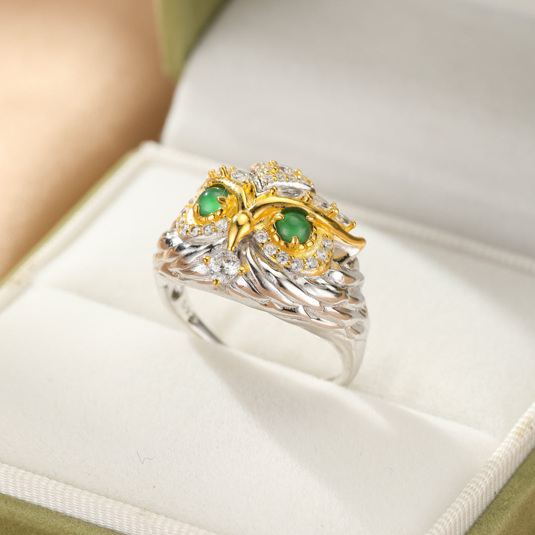 Jade Owl Ring, Silver