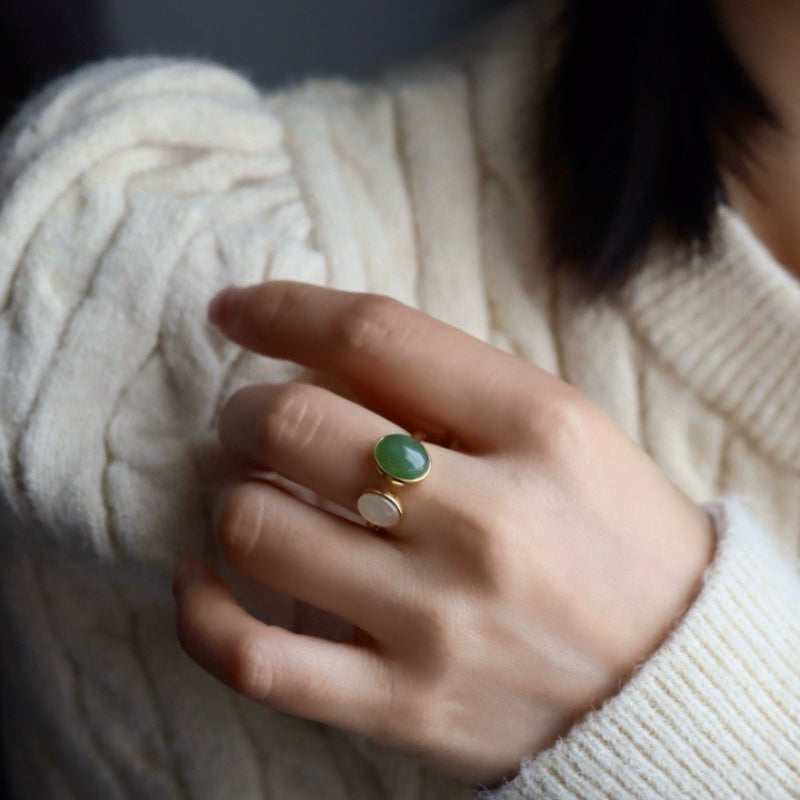 Jade Ring – Green White, Gold Plated Silver