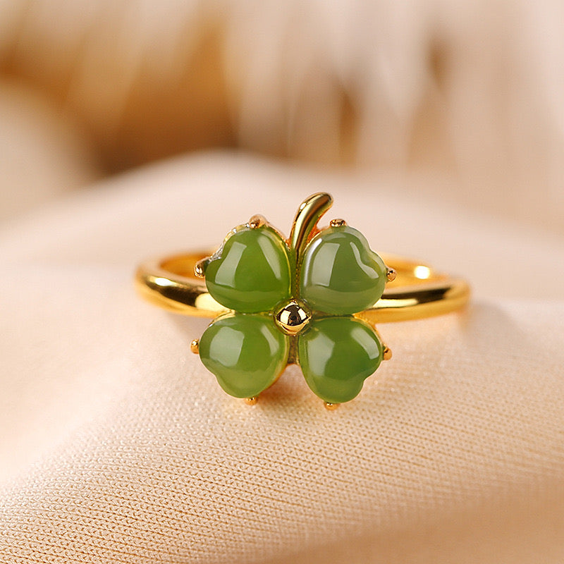 Clover Jade Ring – Promise of Happiness, Gold-Plated Sterling Silver