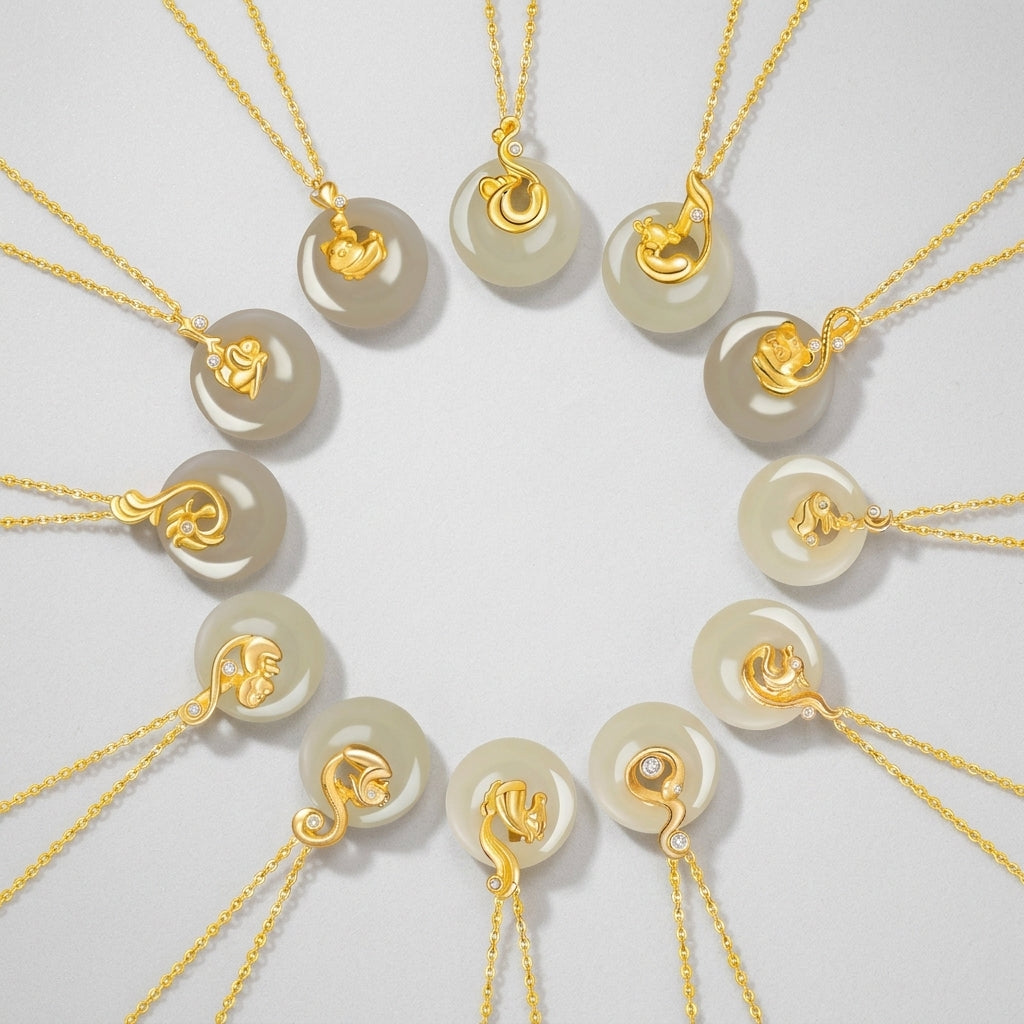 A collection of Birthright zodiac pendants made from Hetian jade and gold, each featuring a unique animal carving and diamond accent on a delicate gold chain.