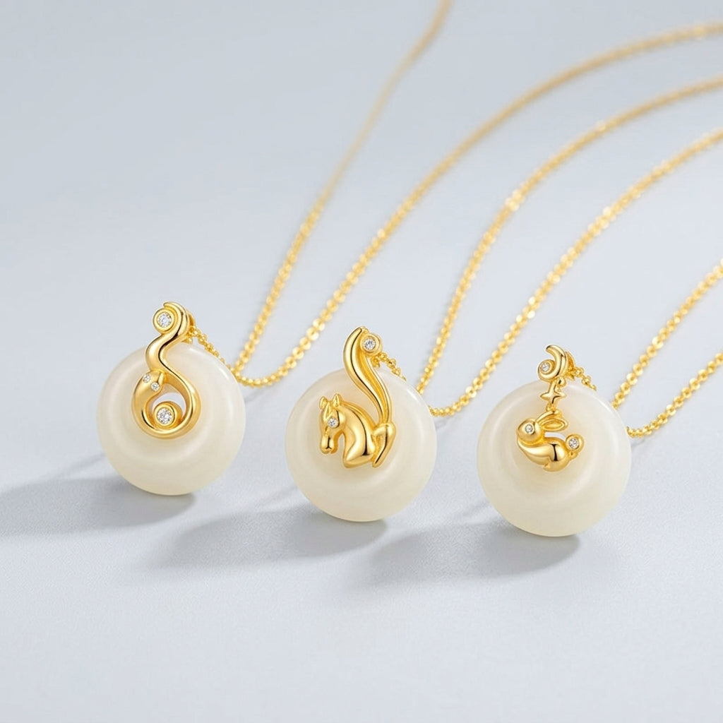 Three gold zodiac pendants with Hetian jade discs, featuring a rabbit, a squirrel, and an infinity symbol, each adorned with small diamonds.