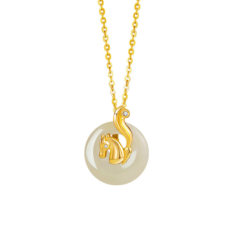 Gold horse pendant with diamonds on a Hetian jade disk, hanging from a delicate gold chain