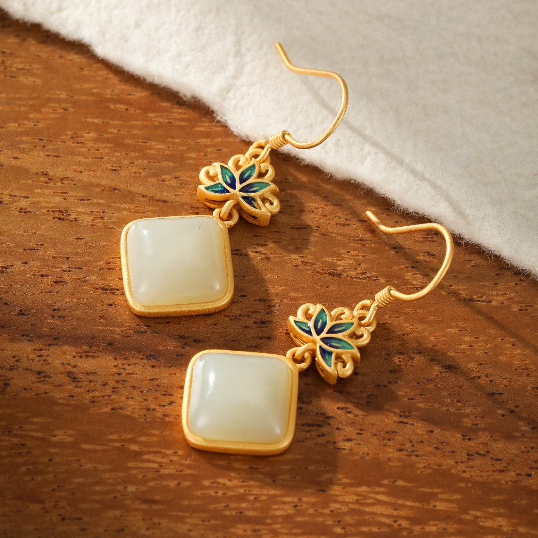 White Jade Earrings - Blue Lotus Awakening, Gold Plated Silver