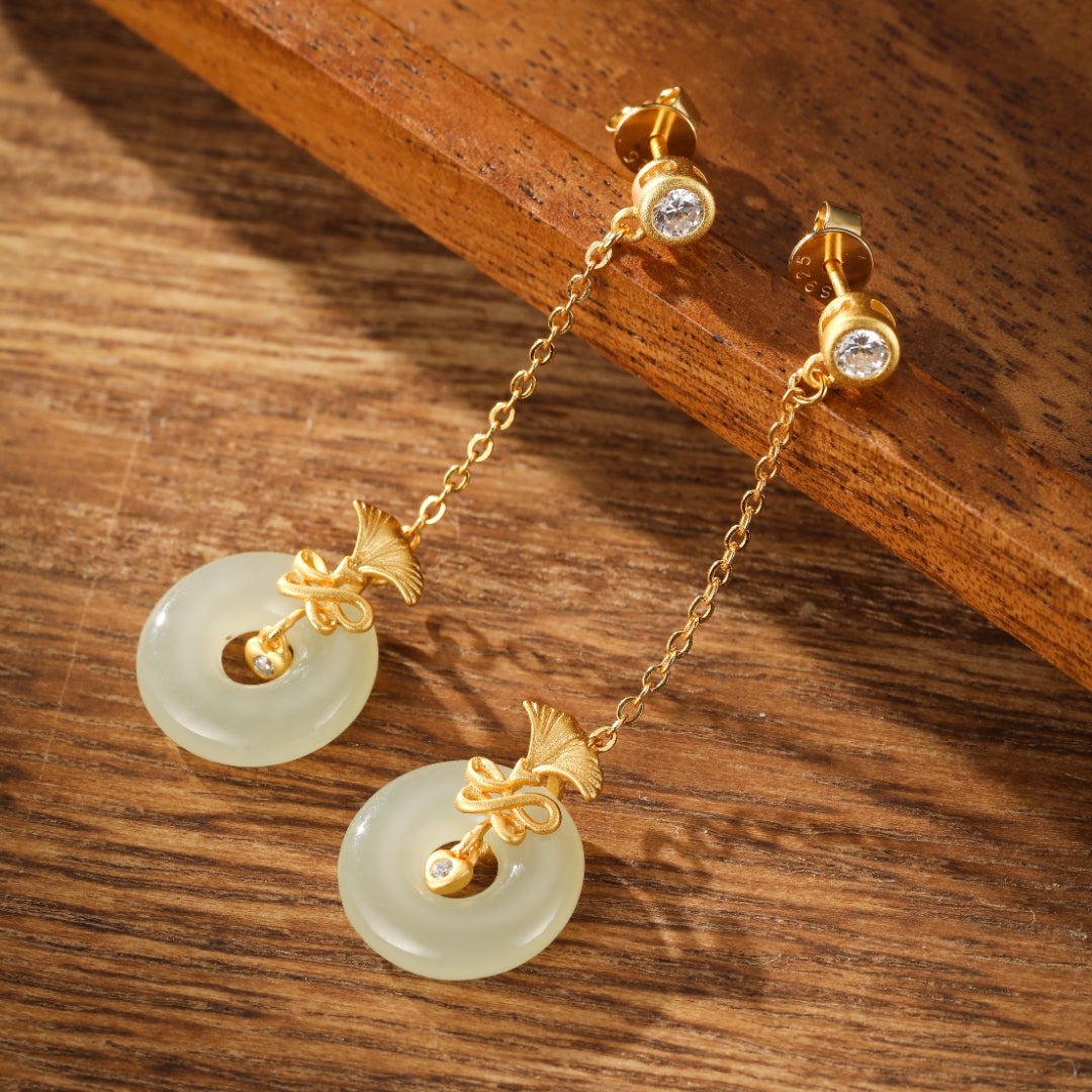 White Jade Earrings - Carnation Grace, Gold Plated Silver