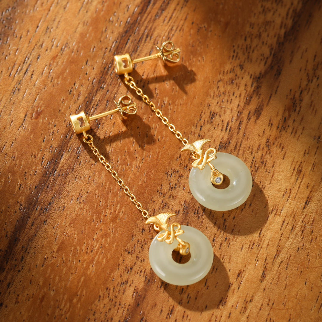 White Jade Earrings - Carnation Grace, Gold Plated Silver