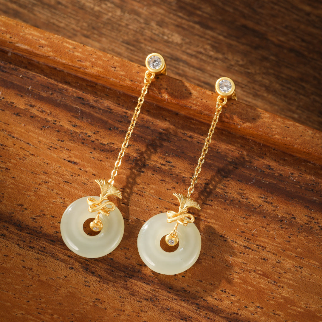 White Jade Earrings - Carnation Grace, Gold Plated Silver