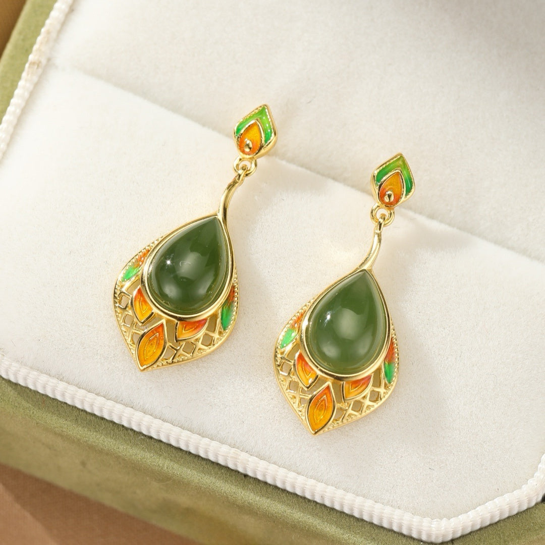 Jade Drop Earrings – Joyful Leaf, Gold Plated Silver