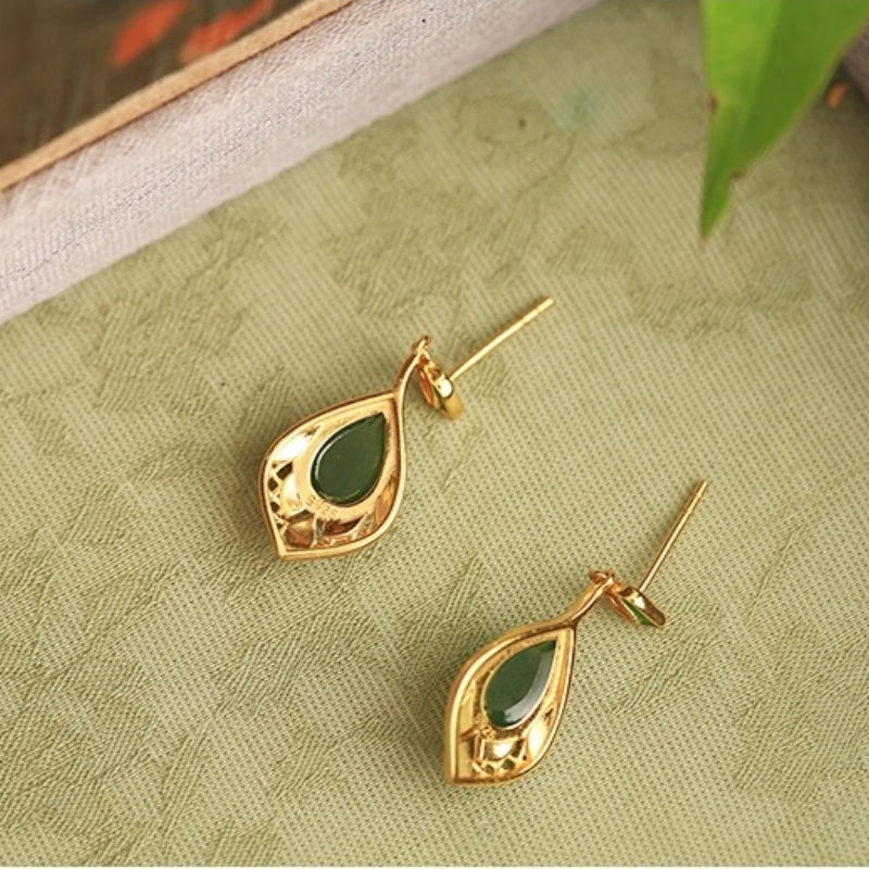 Jade Drop Earrings – Joyful Leaf, Gold Plated Silver