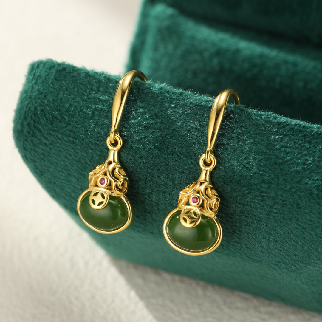 Brimful Green Jade Gourd Drop Earrings with gold plating and ruby accents