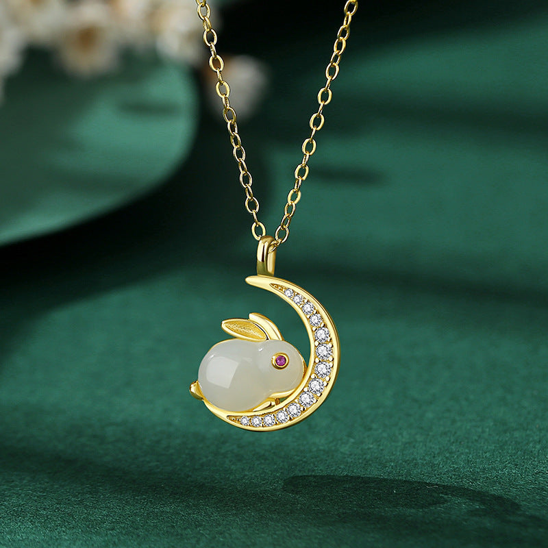 Jade Necklace – Rabbit on Moon, Gold Plated Silver