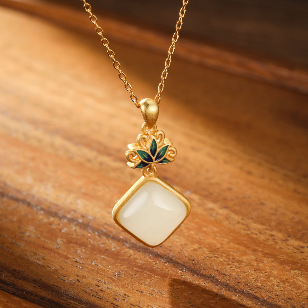 Ease Hetian Jade Lotus Pendant Necklace with a square white jade stone and gold-plated silver chain