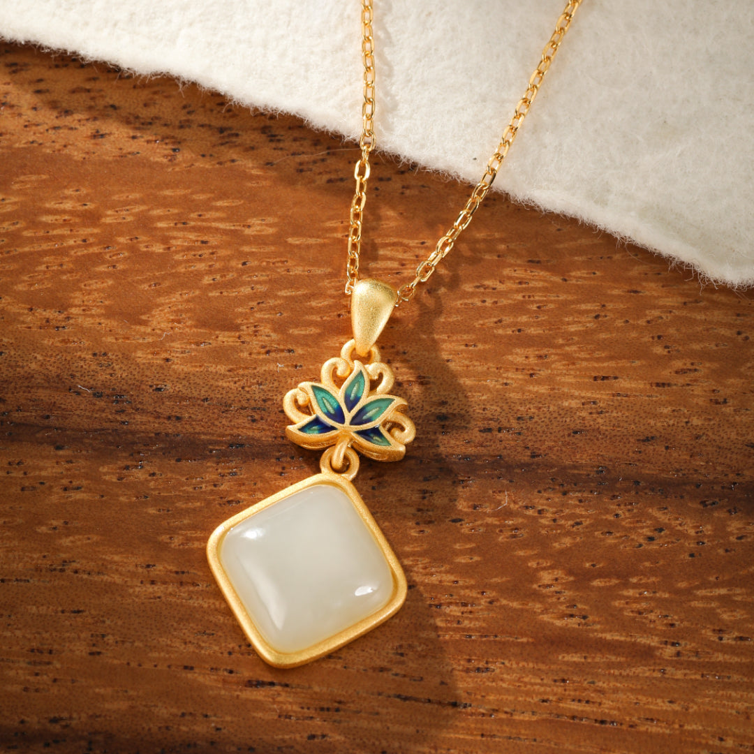 Ease Hetian Jade Lotus Pendant Necklace with blue and green enamel lotus flower detail and gold plated silver chain.