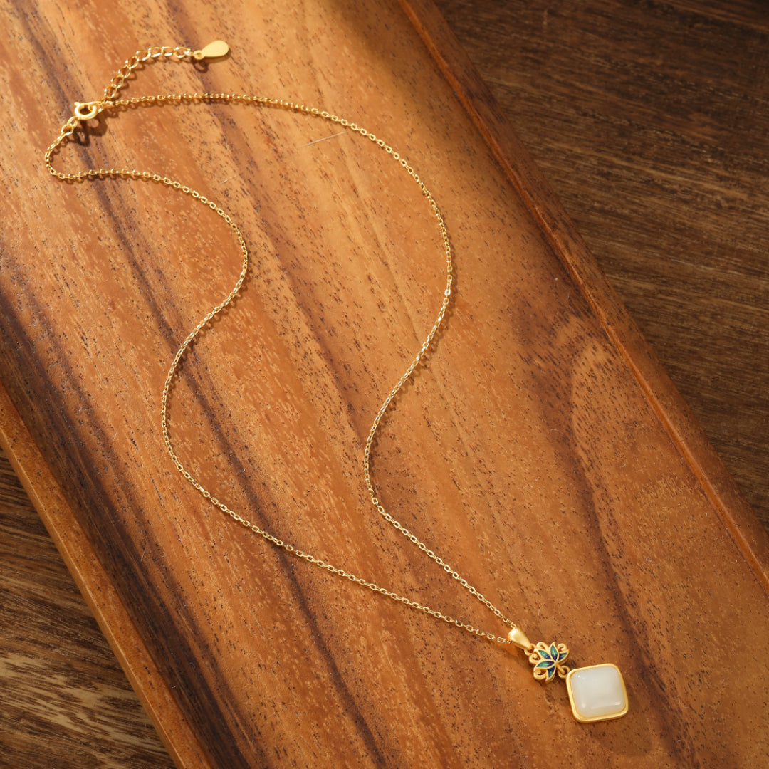 Ease Hetian Jade Lotus Pendant Necklace with gold plated silver chain