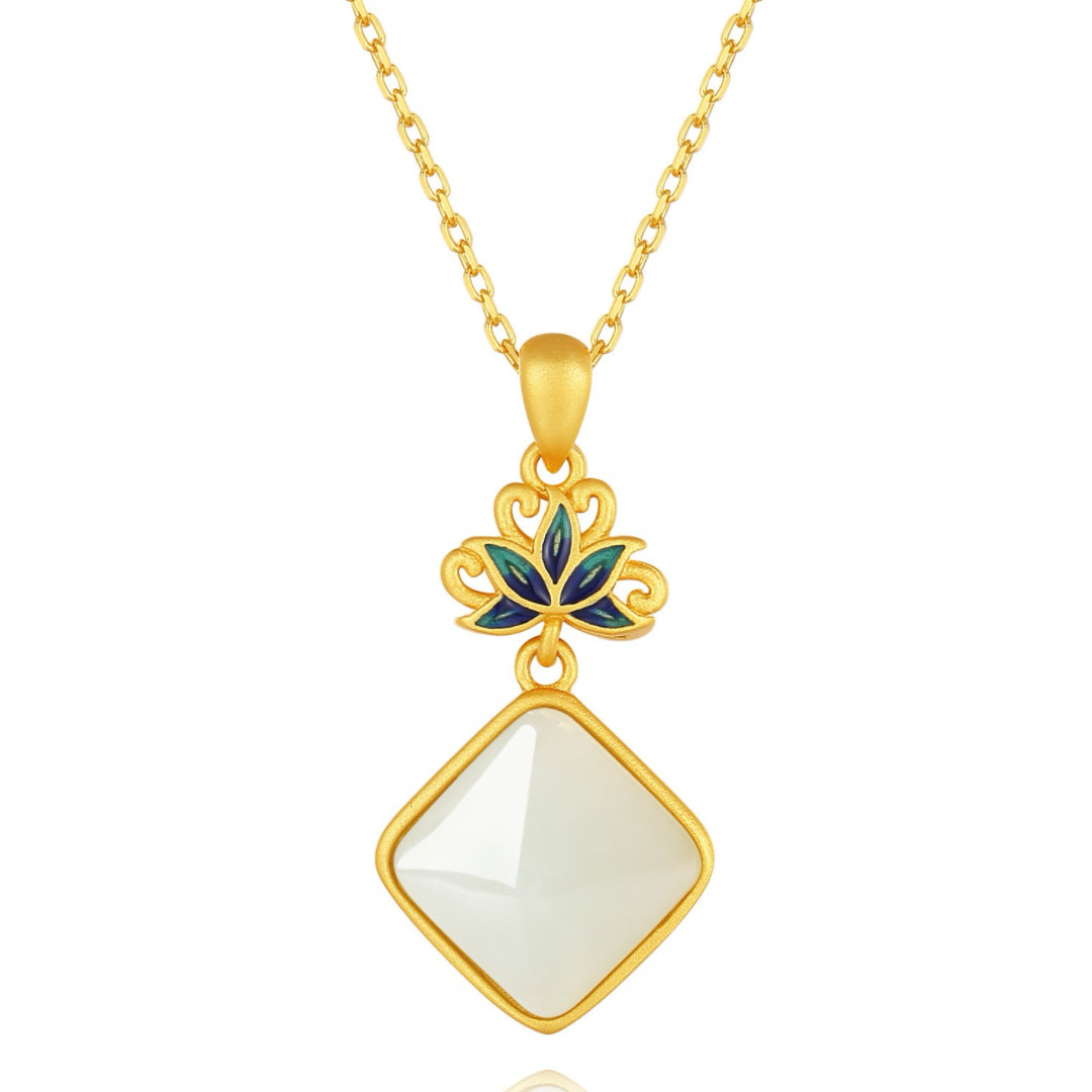 Ease Hetian Jade Lotus Pendant Necklace with blue enamel lotus detail and gold-plated silver chain