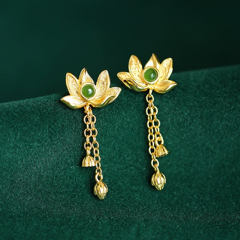 Evensong Green Jade Lotus Drop Earrings with gold plated chains and lotus bud details