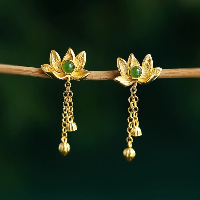 Evensong Green Jade Lotus Drop Earrings with gold plated silver chains