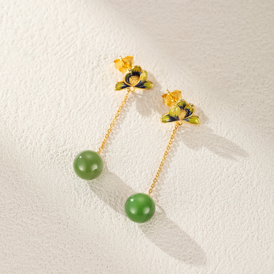 Halcyon Green Jade Lotus Drop Earrings with gold-plated silver chain and lotus flower detail