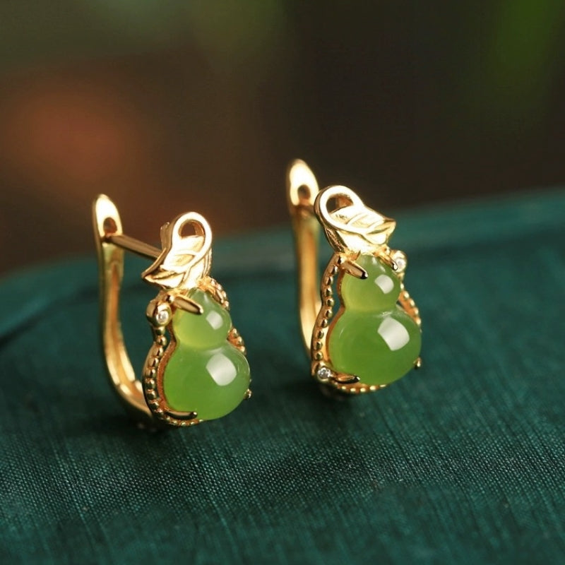 Harvest Green Jade Gourd Hoop Earrings with gold plating and small diamonds.
