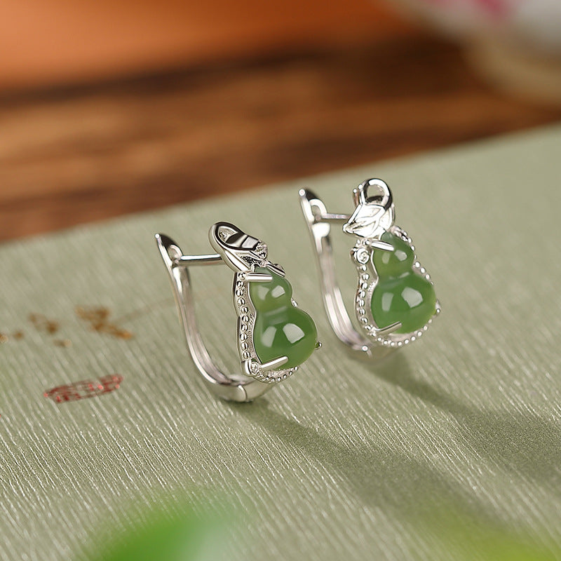 Harvest — Green Jade Gourd Hoop Earrings with silver findings and a detailed leaf accent