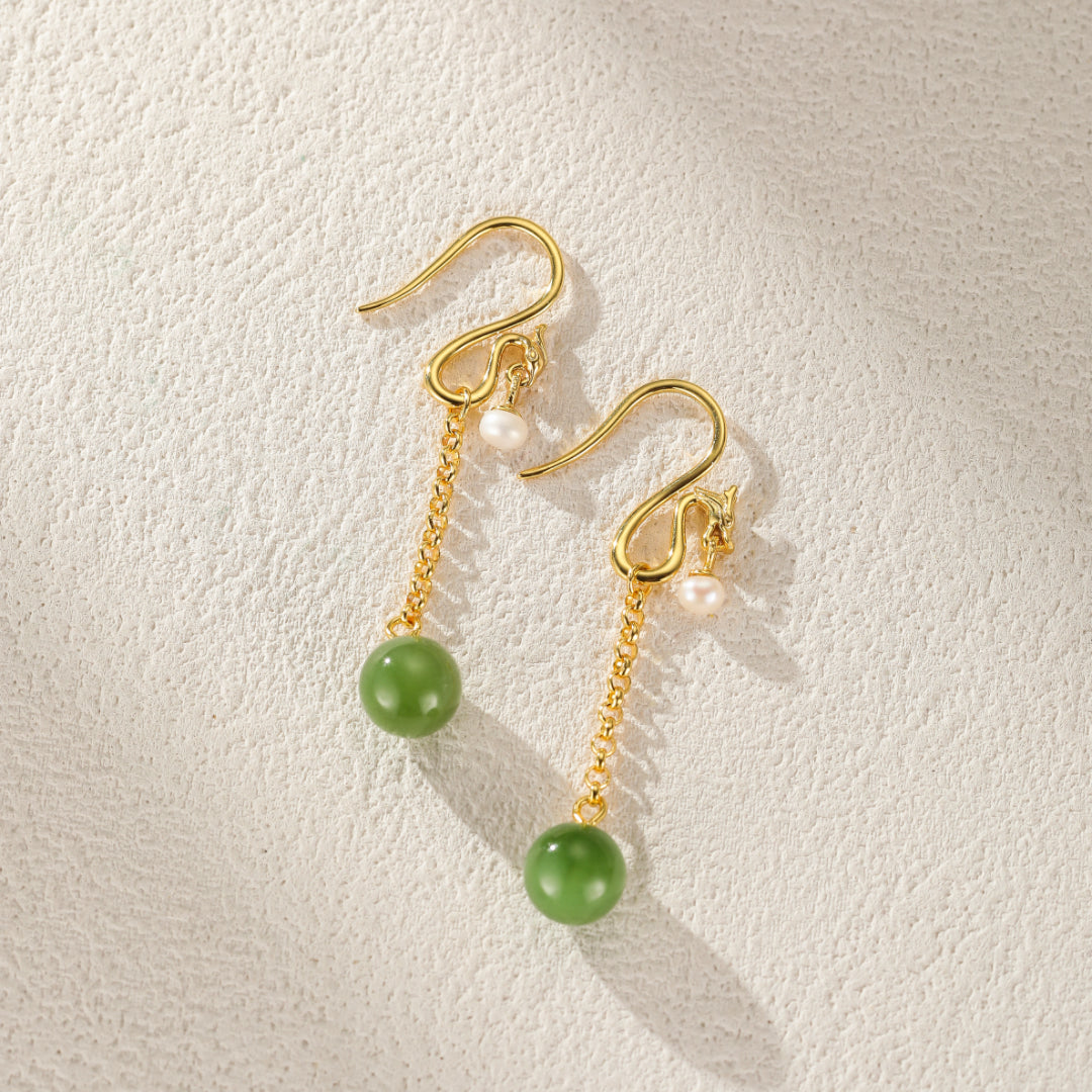 Holding Court — Green Jade Dragon Drop Earrings with gold chain and pearl accent