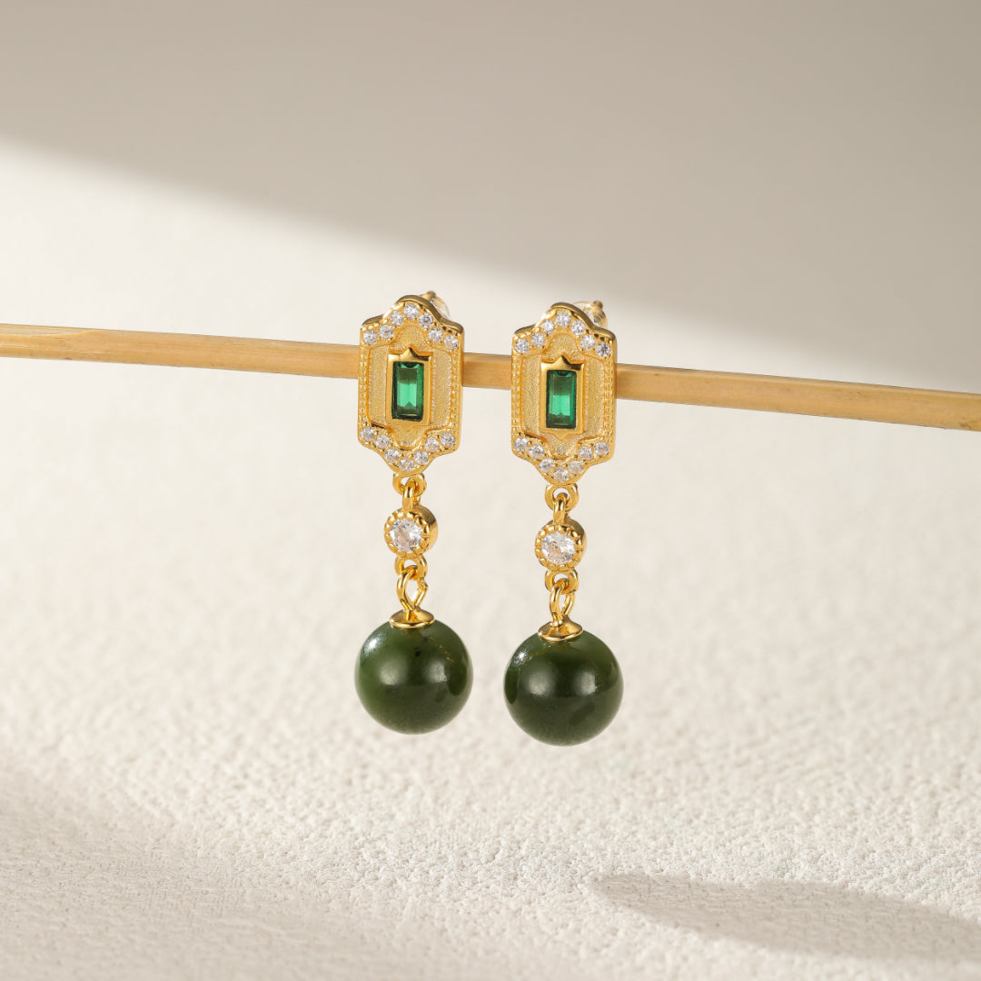Kindred Green Jade and Emerald Drop Earrings with Sterling Silver setting and clear cubic zirconia accents.