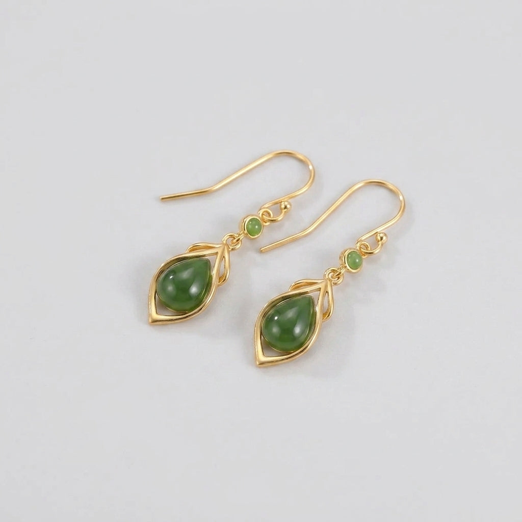 Linger Green Jade Water Drop Earrings with gold hooks and small green bead accents