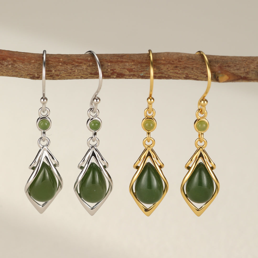 Linger green jade water drop earrings in silver and gold finishes