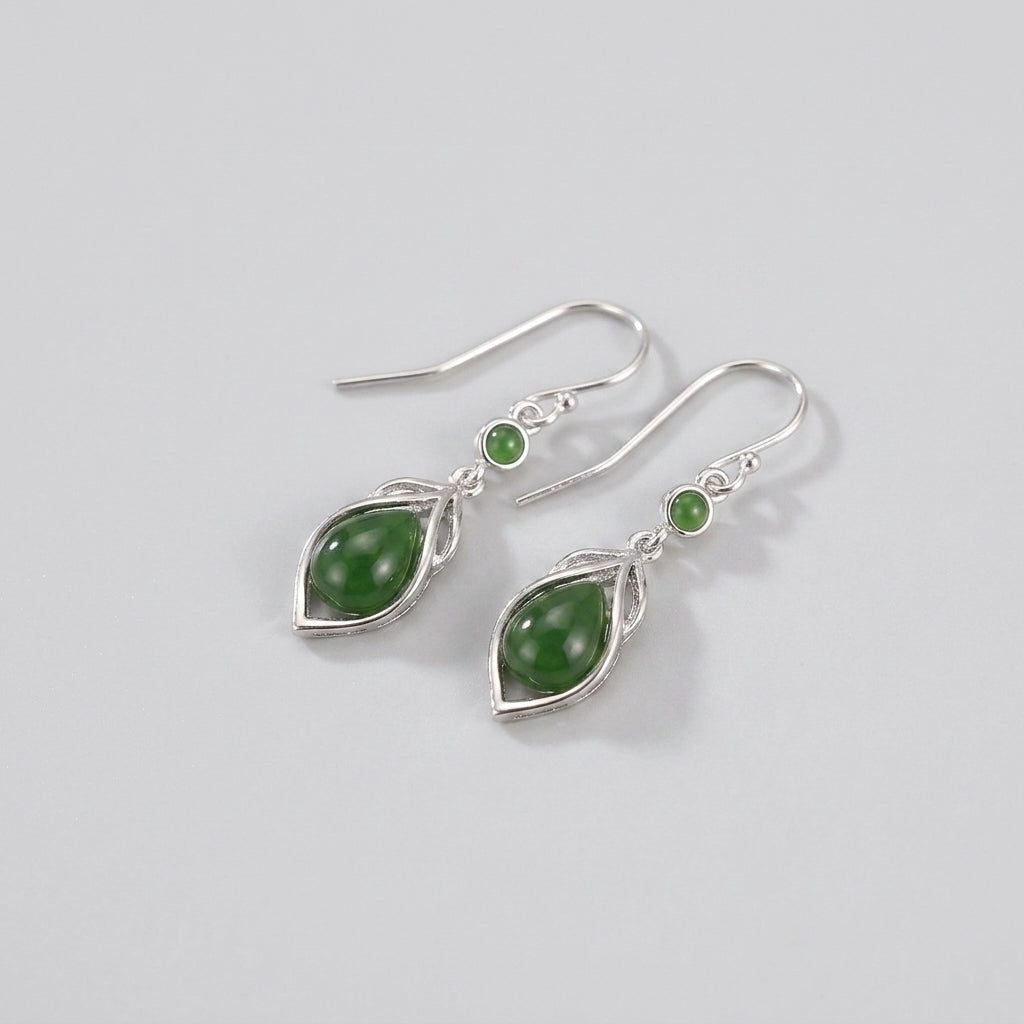 Linger Green Jade Water Drop Earrings with silver hooks and leaf accents