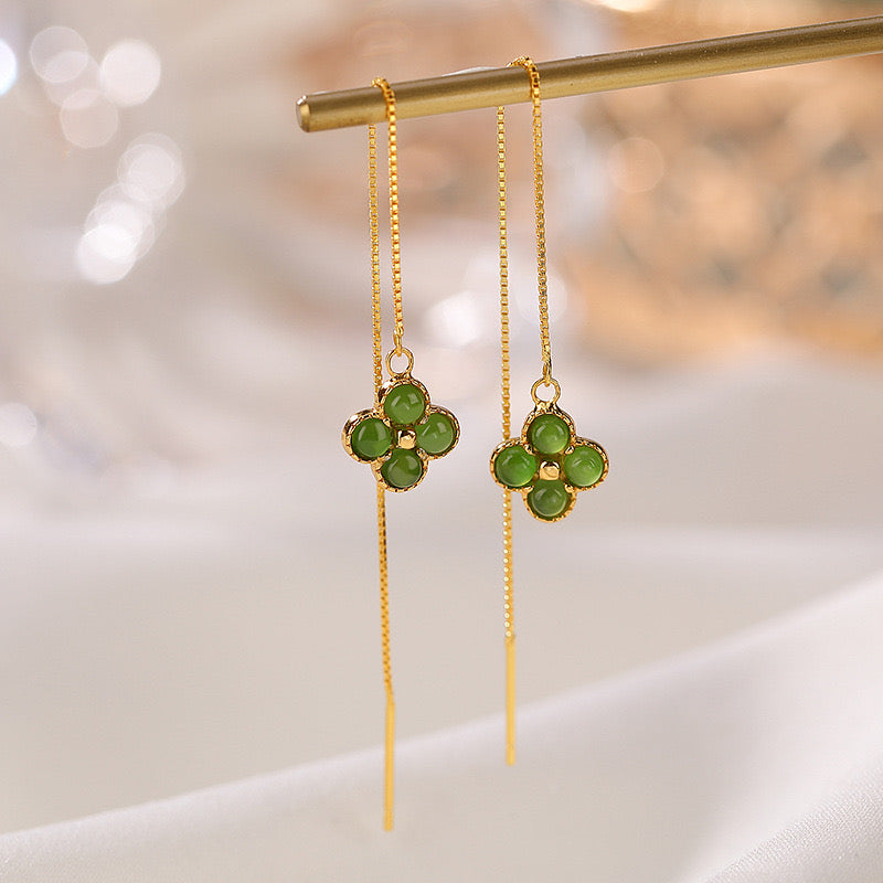 Lucky Streak green jade clover drop threader earrings with gold plated chains
