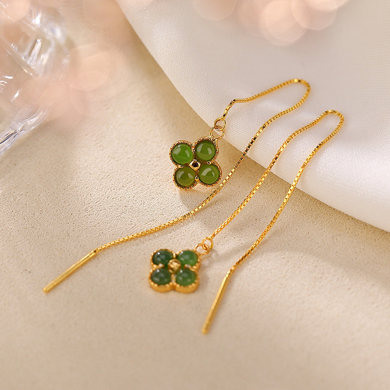 Lucky Streak green jade clover drop earrings with gold plated chains