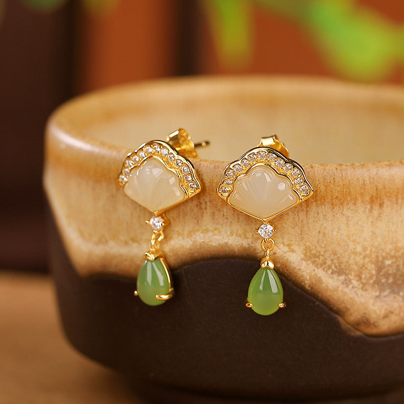 Slow Dance Hetian Jade Water Drop Earrings with gold plating and cubic zirconia accents.