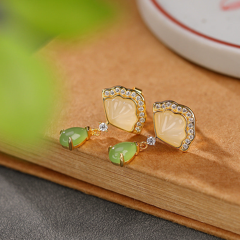 Slow Dance Hetian Jade Water Drop Earrings with gold plating and cubic zirconia accents