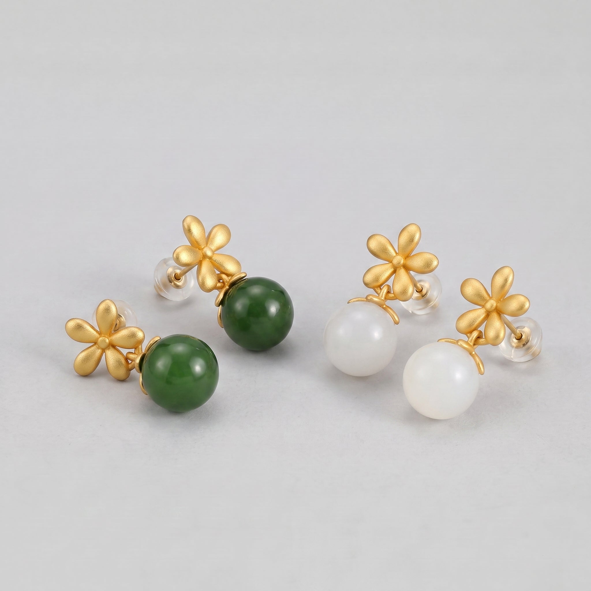 Sweet Nothings Hetian Jade Flower Drop Earrings in green and white jade.