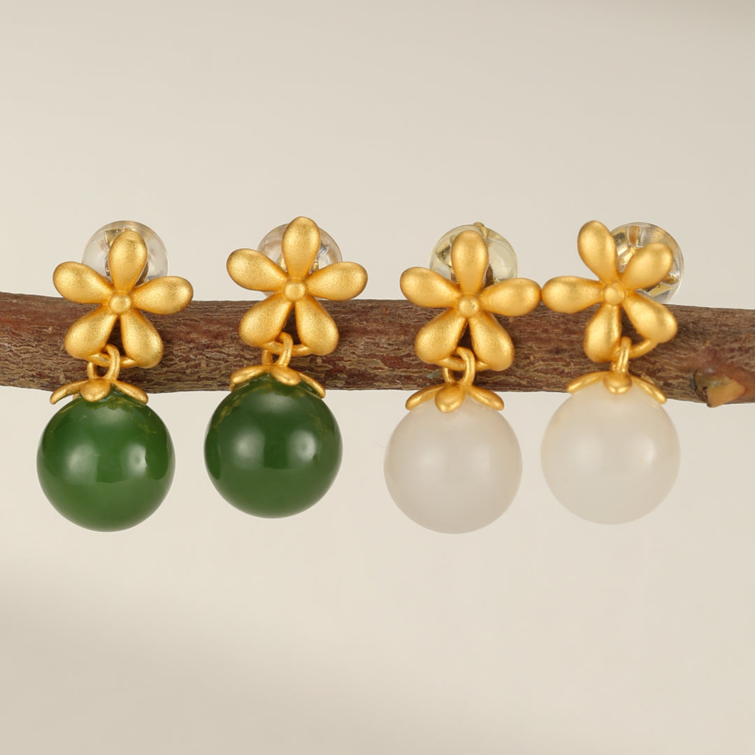 Sweet Nothings Hetian Jade Flower Drop Earrings in green and white jade with gold-plated flowers
