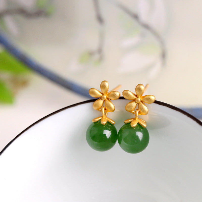 Sweet Nothings Hetian Jade Flower Drop Earrings with gold-plated floral accents and green jade beads.