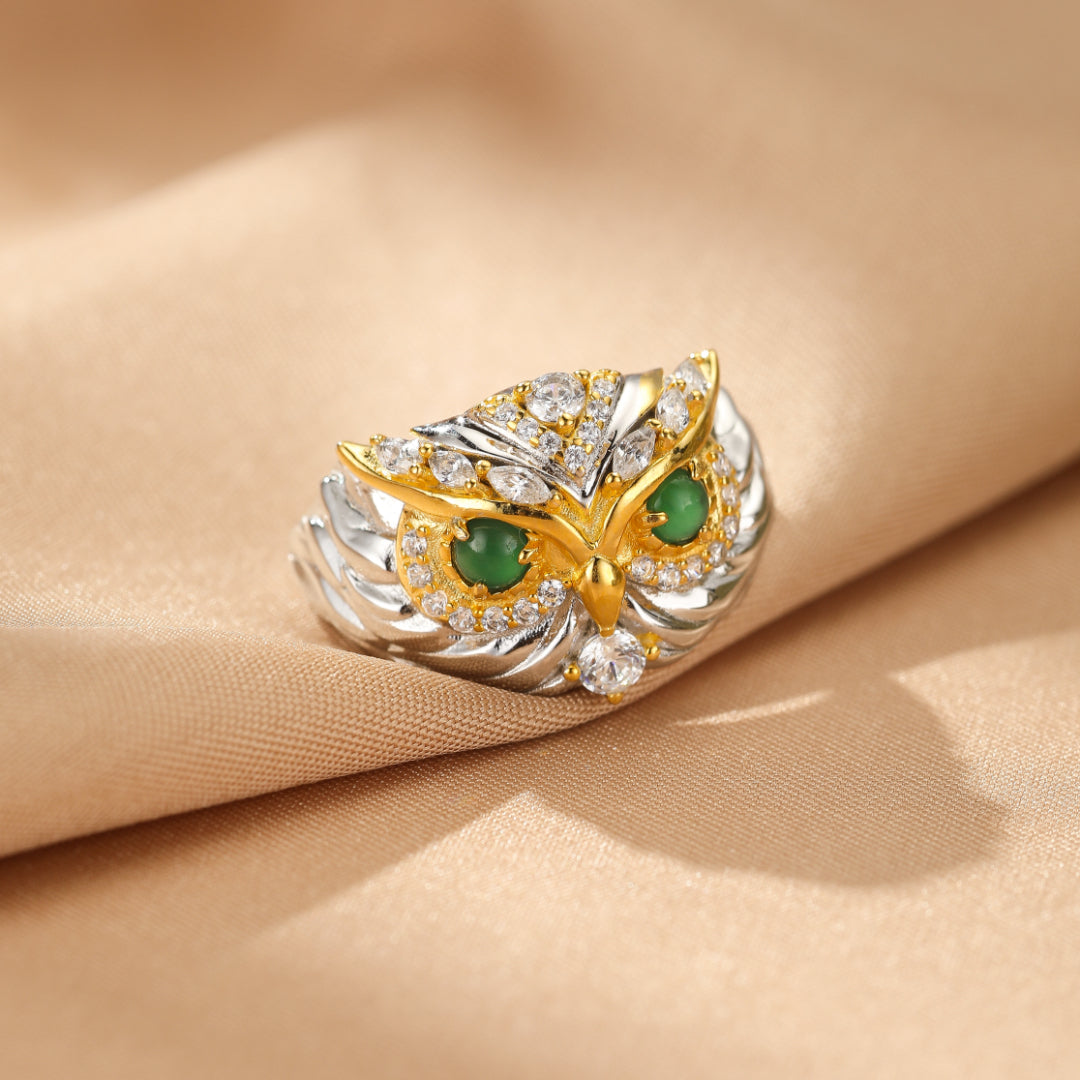 Jade Owl Ring, Silver