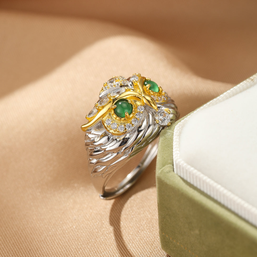 Jade Owl Ring, Silver
