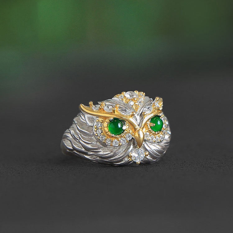 Jade Owl Ring, Silver
