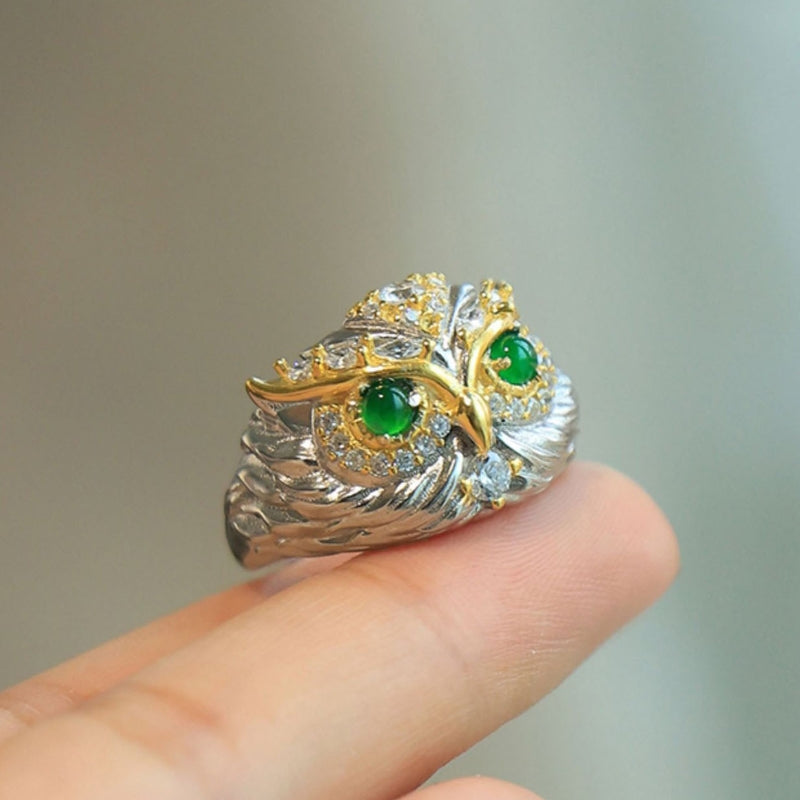 Jade Owl Ring, Silver