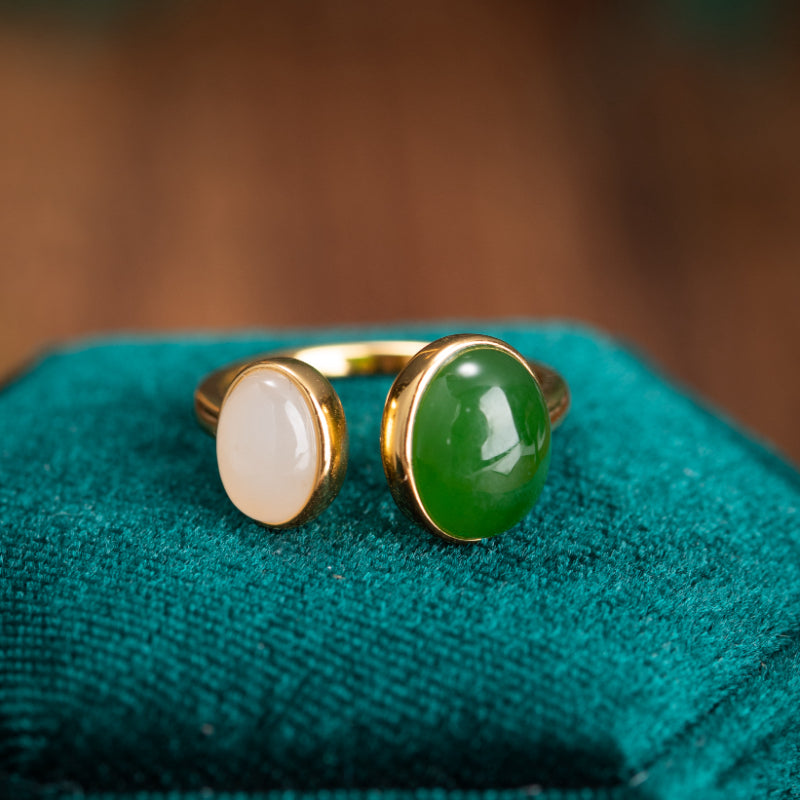 Jade Ring – Green White, Gold Plated Silver