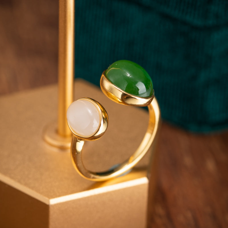Jade Ring – Green White, Gold Plated Silver