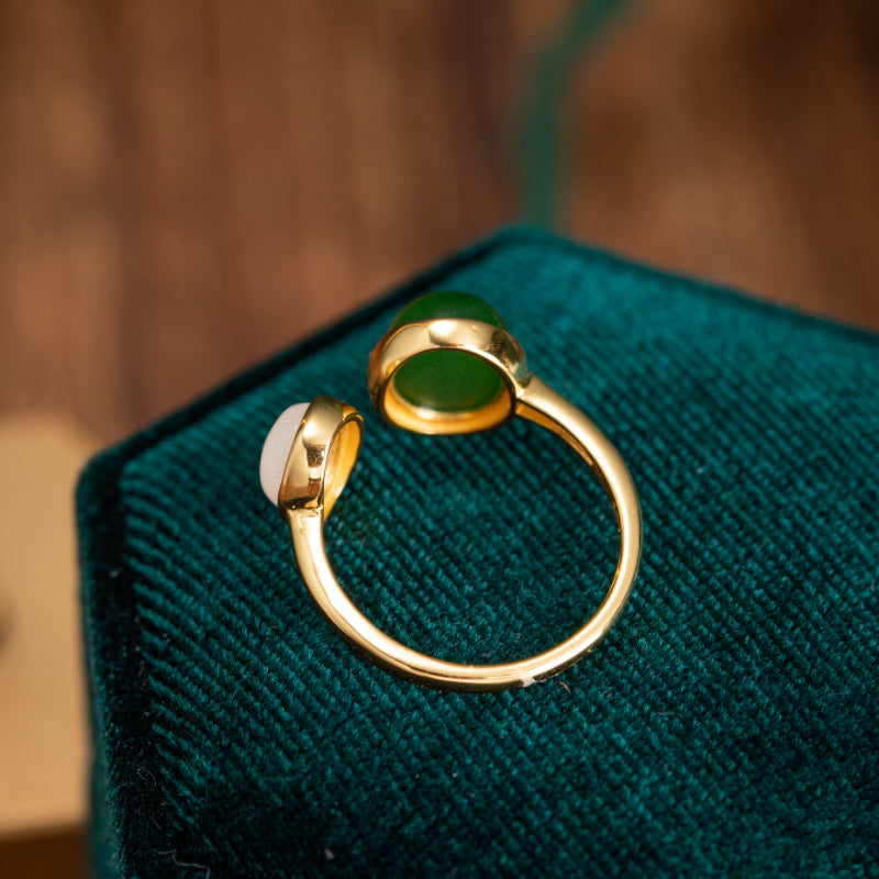 Jade Ring – Green White, Gold Plated Silver