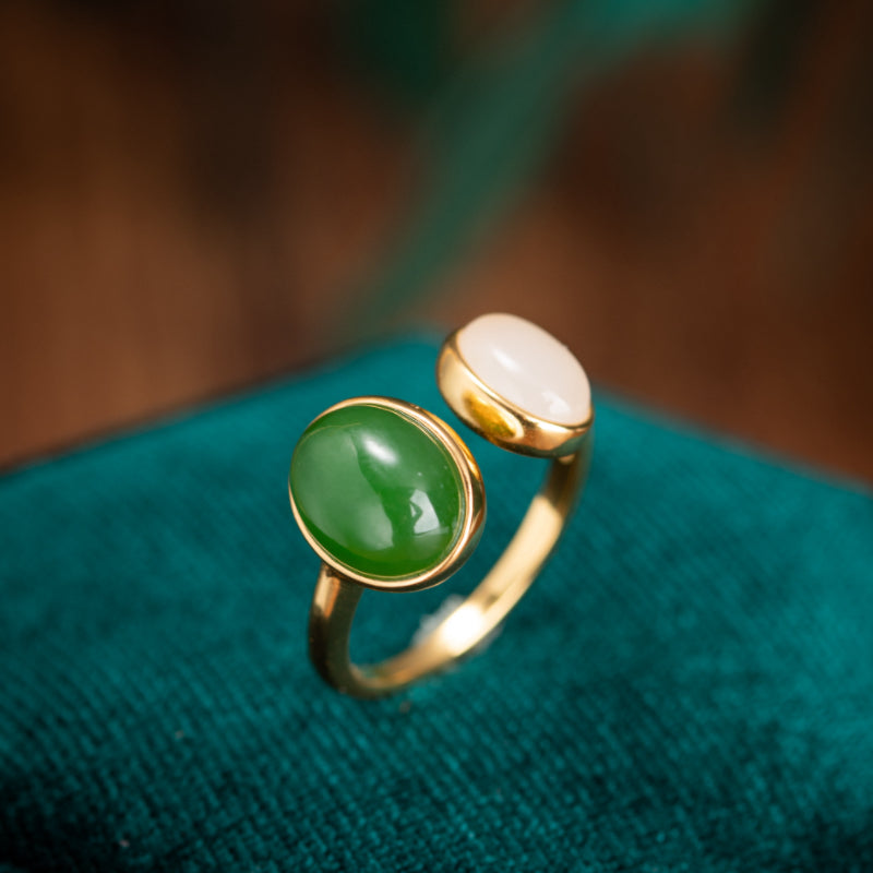 Jade Ring – Green White, Gold Plated Silver