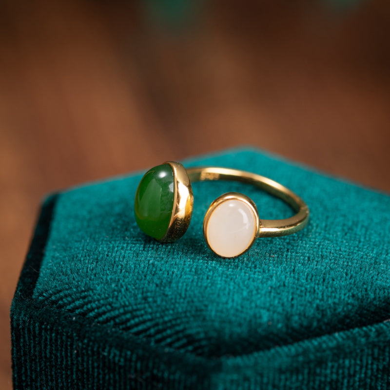 Jade Ring – Green White, Gold Plated Silver