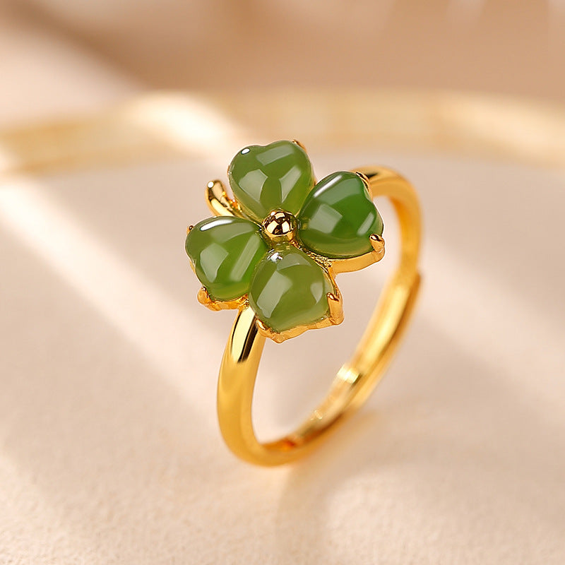 Clover Jade Ring – Promise of Happiness, Gold-Plated Sterling Silver