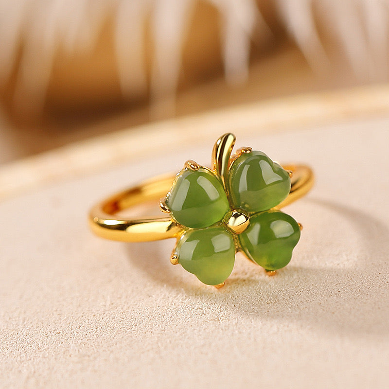 Clover Jade Ring – Promise of Happiness, Gold-Plated Sterling Silver